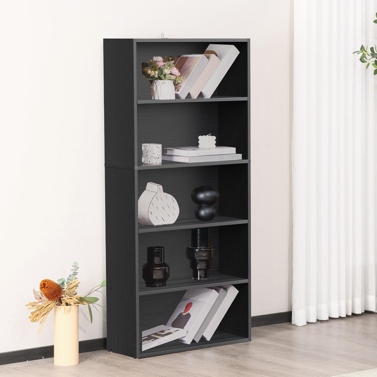 Industrial 5 Shelf Bookcase - Large 53 Inch Tall Floor Standing Open Bookshelf for Home Office, Living Room, and Bedroom Storage