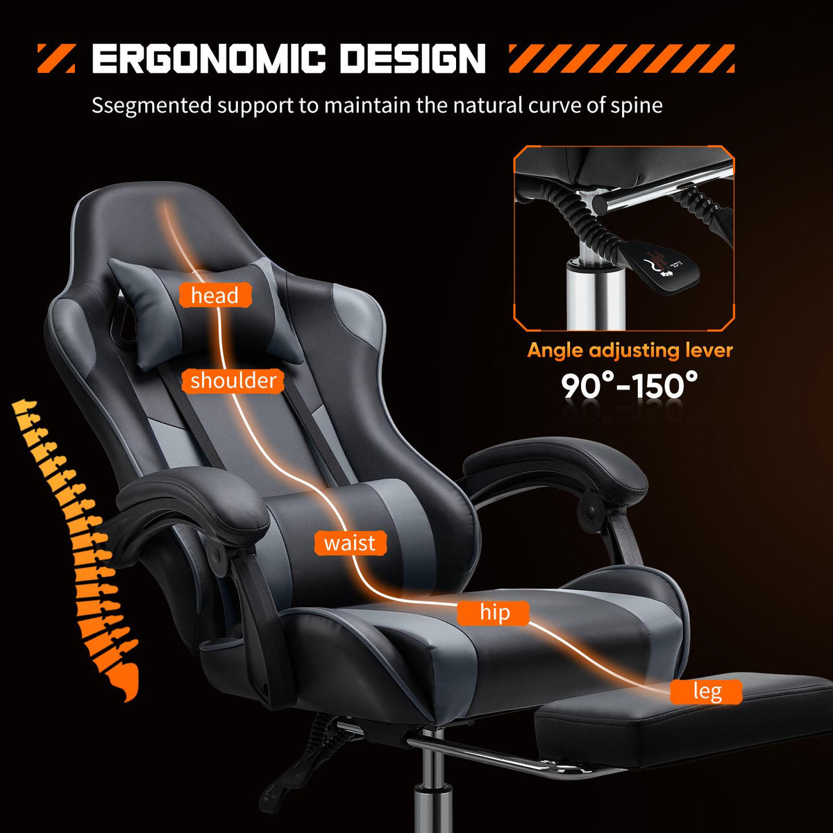 Silla Gamer para Escritorio - Ergonómica para Computadora con Reposapiés y Cómodo Soporte Lumbar, Reclinable de Piel Sintética con Reposacabezas y Reposabrazos Fijos
