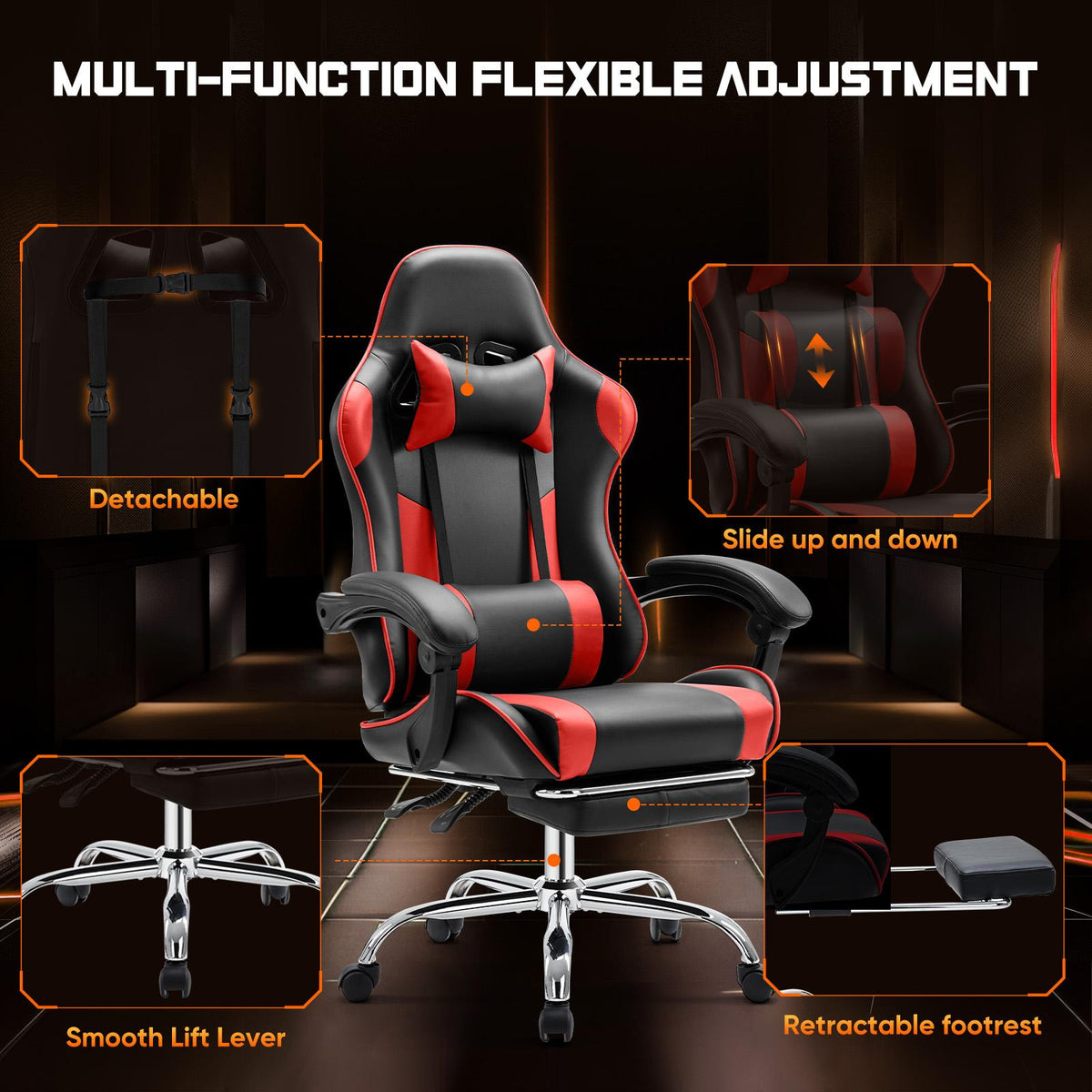 Cadeira Gamer para Computador - Ergonômica com Apoio para os Pés e Suporte Lombar Confortável, Reclinável em Couro PU com Encosto de Cabeça, Apoio de Braço Fixo