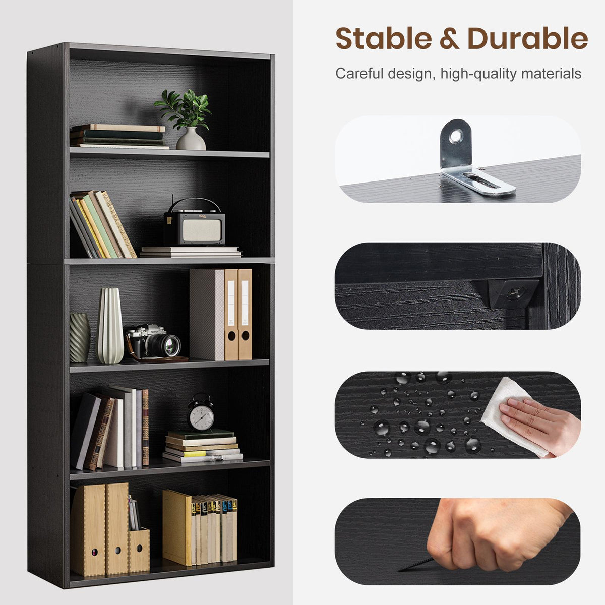 Industrial 5 Shelf Bookcase - Large 53 Inch Tall Floor Standing Open Bookshelf for Home Office, Living Room, and Bedroom Storage