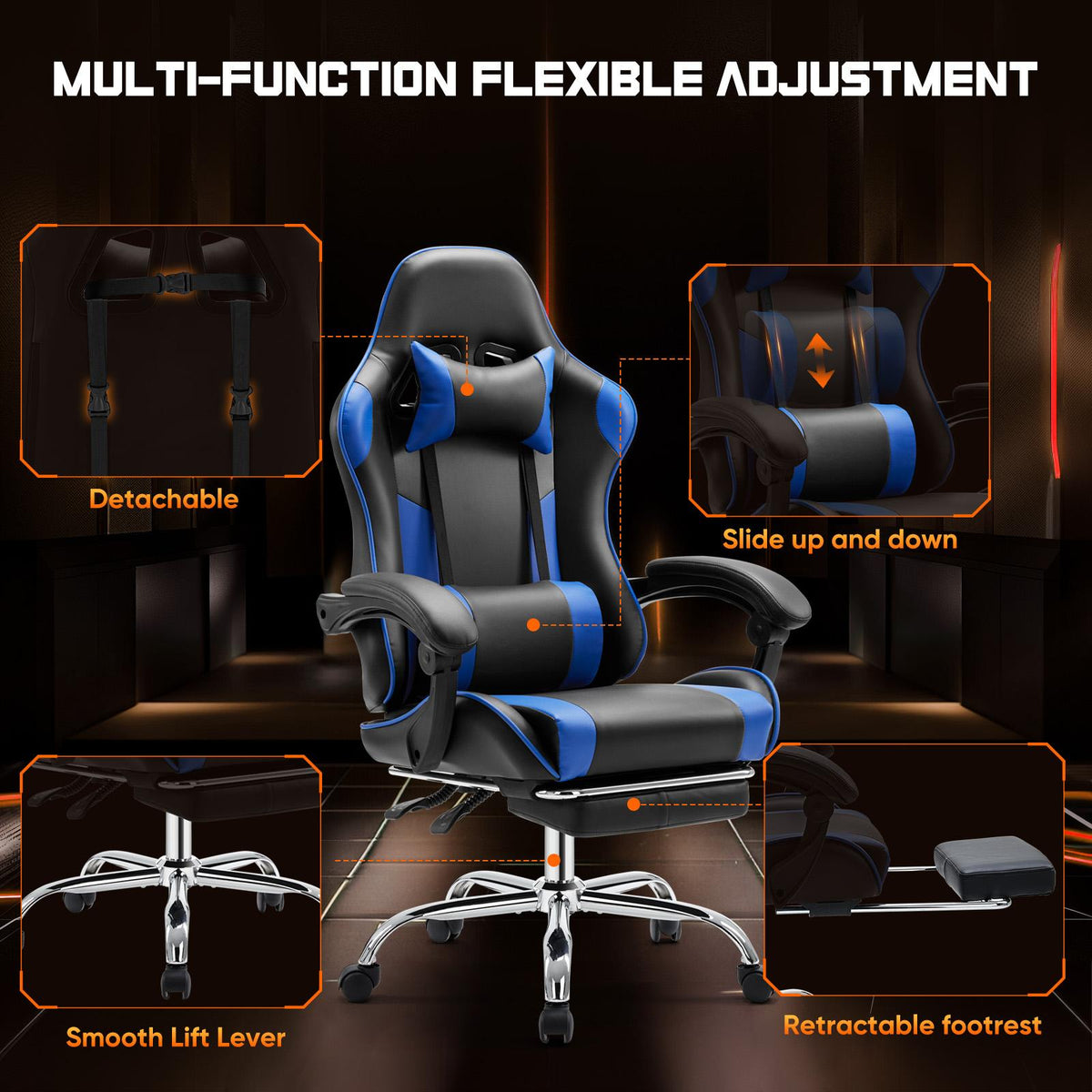 Silla de escritorio para videojuegos: computadora ergonómica con reposapiés y cómodo soporte lumbar, reclinable de piel sintética con reposacabezas, apoyabrazos fijos