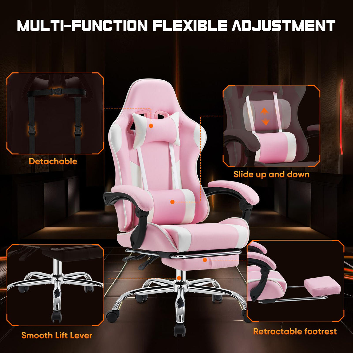 Silla gamer para escritorio: ergonómica para computadora con reposapiés y cómodo soporte lumbar, reclinable de piel sintética con reposacabezas, reposabrazos fijos.