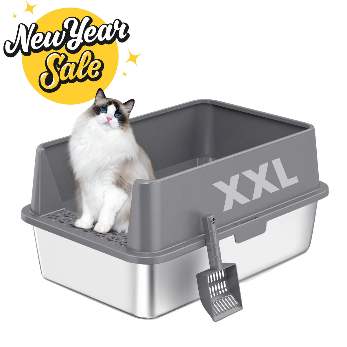 XXL Stainless Steel Cat Litter Box with Lid – High Sides, Low Entry, Easy to Clean, Odor-Free, Anti-Leak | Buy 2 & Save $10